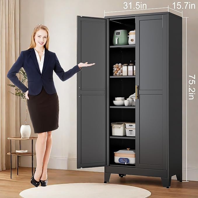erosoei 75.2”H Metal Kitchen Pantry Storage Cabinet, Storage Cabinets with Adjustable Feet and Shelves,Food Pantries Cupboard for Kitchen, Living Room, Laundry Room and Dinning Room（Black）