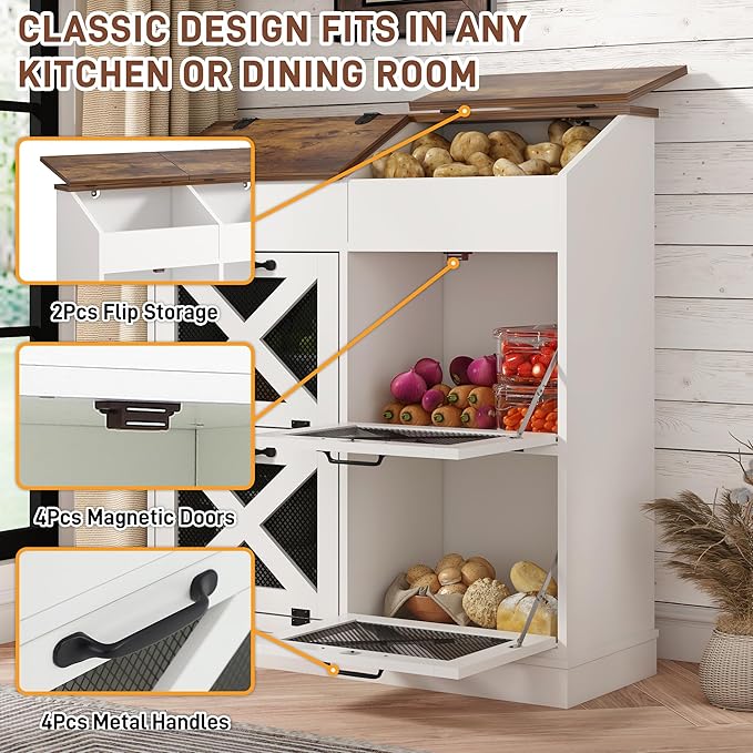 Large Wood Bread Box for Potato,Onion.Veggie Bin W/6 Large Storage Box.Root Vegetable Storage Box For Kitchen,Farmhouse Potato Storage Bin W/4 Mesh Doors,Bread Keeper for Toast,Bagel,Donut,Cookies