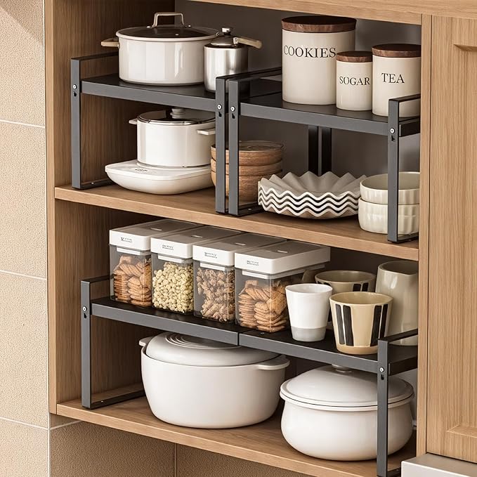 Expandable Cabinet Shelf, Lengths Adjustable Shelf Organizer Riser, Metal Space-Saving Cupboard Organizers for Kitchen Cabinet Pantry Cupboard Under Sink Countertop, Black