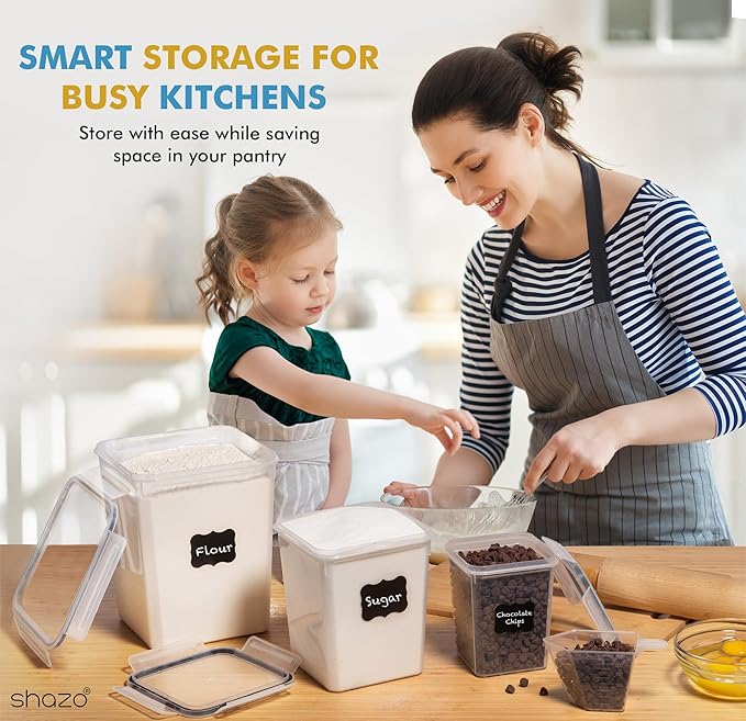 Shazo Flour Sugar Storage Containers Set of 3 (6L, 2.9L, 1.1L) Large Airtight Food Storage Containers with Lids, BPA-Free Plastic Container for Kitchen & Pantry Organizers, Cereal, Rice & Pasta