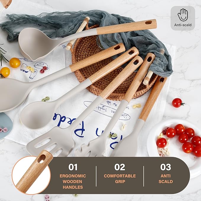 Hvygss Silicone Cooking Utensils Set, Heat Resistance Large Kitchen Utensils Set with Long Wooden Handle, BPA-free Silicone Spatula, 6 Pcs Cooking Spoons for Non Stick Frying Pans and Pots(Khaki）