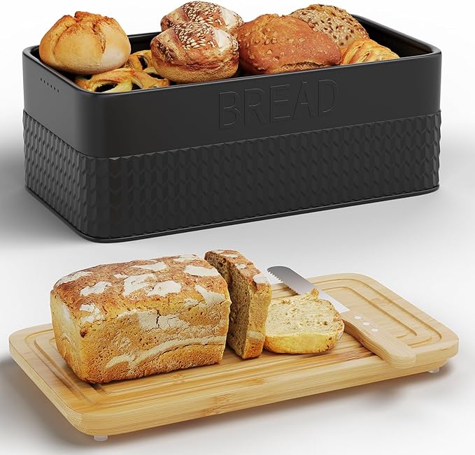 Furshus Bread Box for Kitchen Countertop,Metal Bread Storage Bin with Bamboo Cutting Board Lid, Includes Bread Knife, Fits Sourdough & Buns, Stylish Organize (Black)