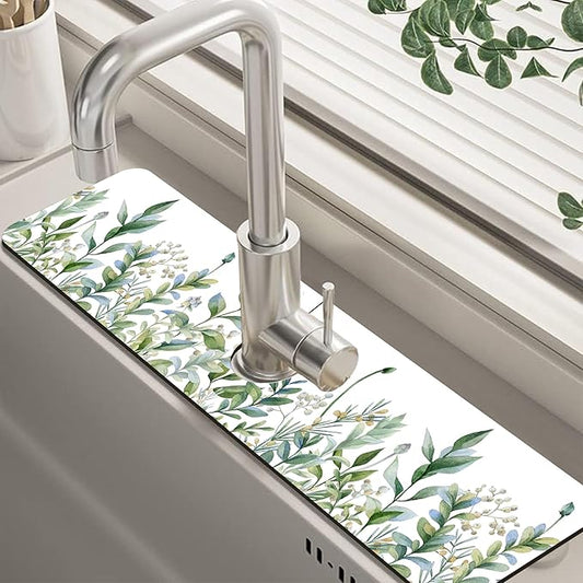 Watercolor Green Branch Leaves Dish Drying Mat for Kitchen Sink Splash Guard Behind Faucet Sink Mat Absorbent Fast Drying Faucet Draining Mat for Bathroom Kitchen 5.5"×24"