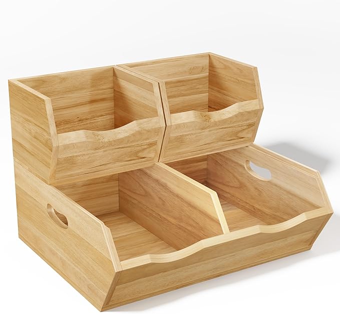HOMESTEAD Wood Pantry Organizers Bins – Stackable Storage, Rustic Pantry Potato and Onion Storage with Unique Natural Grain, Wooden Basket with Handles, Set of 3 Pieces
