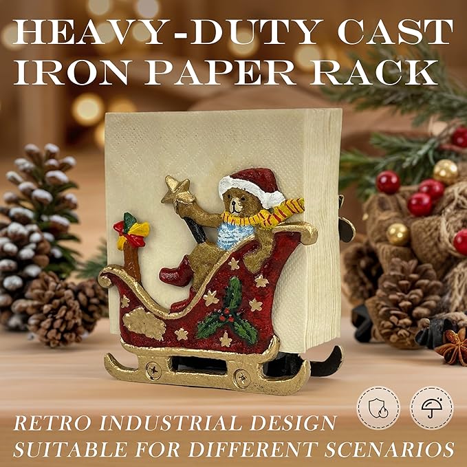 Linton Arts Cast Iron Napkin Holder for Table, Decorative Cocktail Napkin Holder with Bear Sleigh Design, Heavy Duty Napkin Dispenser for Paper Napkins, Kitchen Island Decor