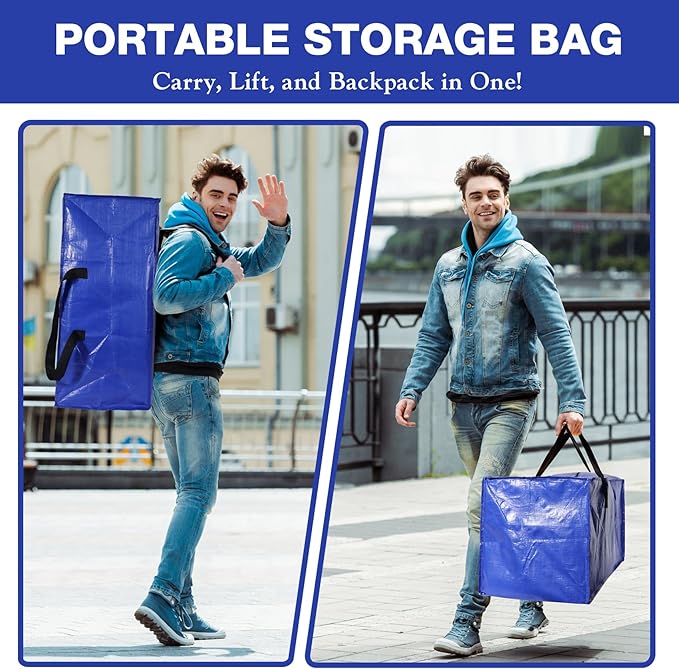 8 Pack Reusable Moving Bags Heavy Duty Backpack Straps Big Plastic Storage Totes for Camping Travel Home RV Woven Foldable Luggags Moving Bags for College Student Dorm Room Essentials 93 L 25 Gallons