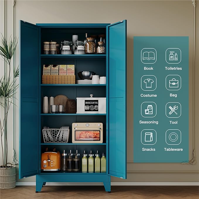 71''Metal Cabinet with 4 Adjustable Shelves,5-Tier Pantry Storage Cabinet,Kitchen Pantry Cabinet for Living Room,Dining Room, Blue