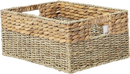 YAHUAN Natural Water Hyacinth & Seagrass Woven Storage Baskets – Wicker Storage Basket Organizer Bins with Handles for Home & Office Pantry Shelf (Large)