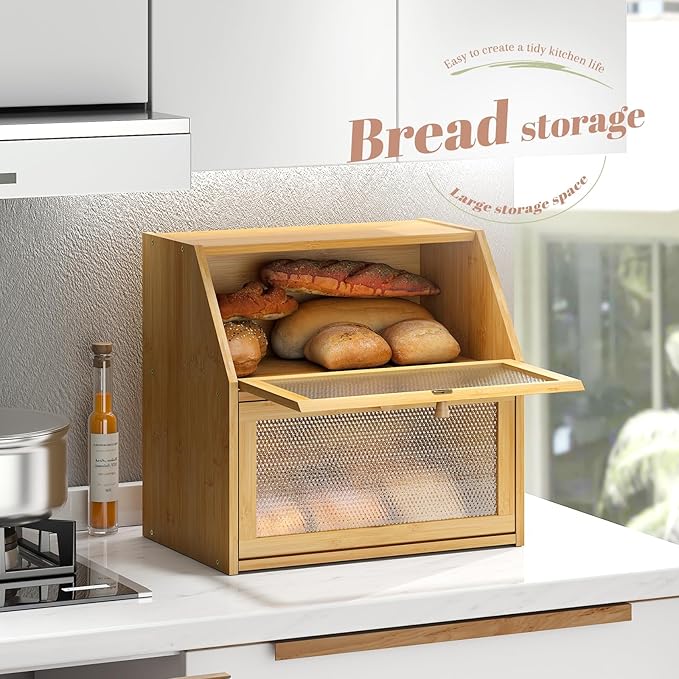 STDDRE Bread Box for Kitchen Countertop Bin Double Layer Bread Box Storage Container Extra Large Capacity with Diamond Pattern Windows (Natural, Extra Large)