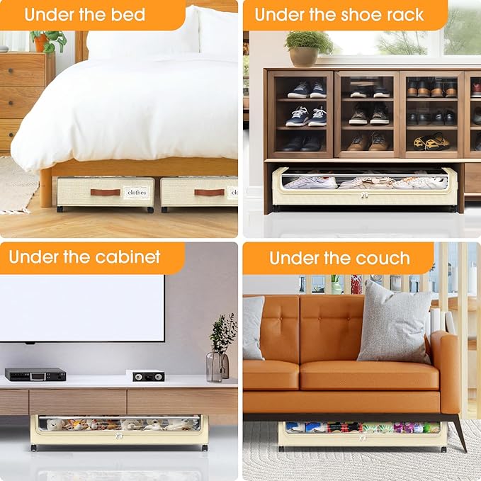 Under Bed Storage with Wheels 2Pack Underbed Storage with Clear Window&Label Under Bed Drawers Large Capacity Rolling Under Bed Storage for Clothes,Shoes, Blankets (Beige)