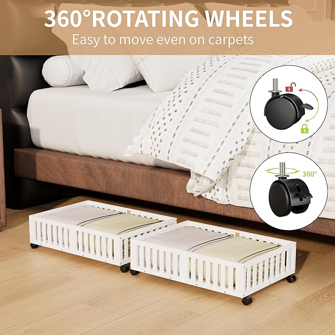 Bamboo Under Bed Storage with Wheels,Rolling Underbed Shoe Organizer Box for Shoes,Blankets,Toys,Clothes Container Space-Saving Bins for Bedroom,Closet,Dorm,Nursery