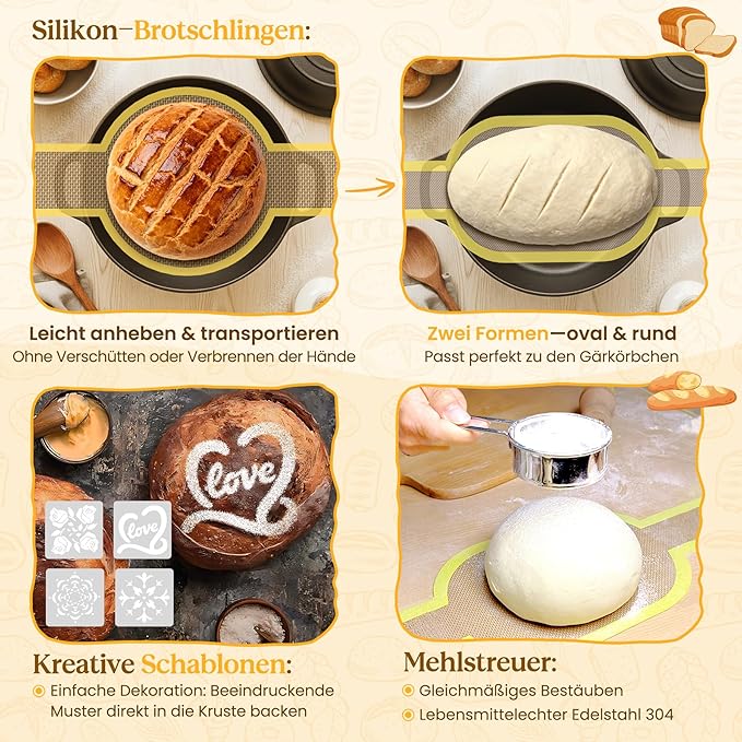 Sourdough Starter Kit with Cotton Rope Banneton Basket & Jar, Bread Baking Supplies and Tools Set, Complete Sourdough Bread Making Kit, Baking Gift for Women Moms & Beginners