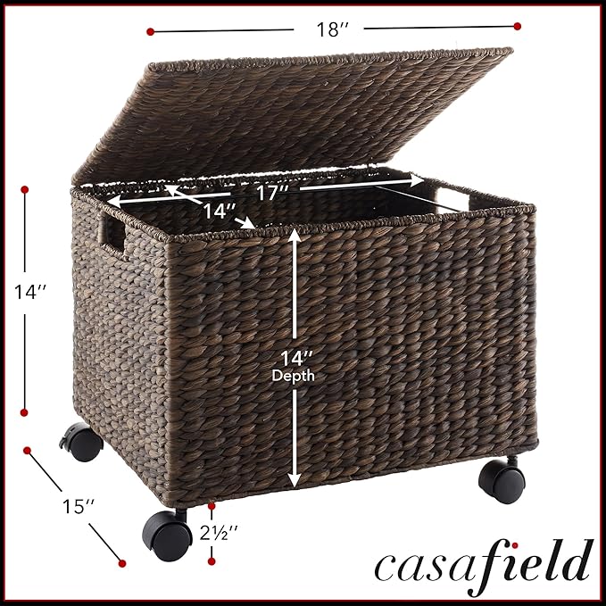 Casafield Rolling Filing Cabinet, Espresso Dark Brown - Water Hyacinth File Organizer with Lid and Wheels, Home Office Storage for Hanging Folders
