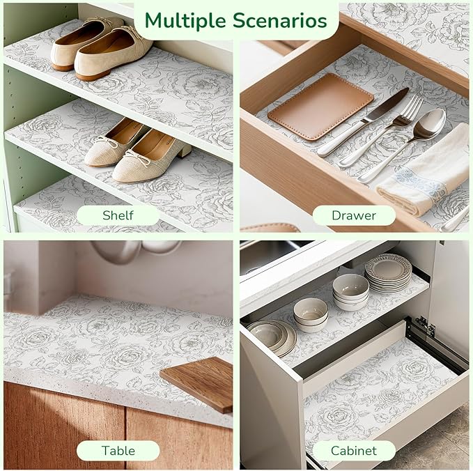 Floral Drawer and Shelf Liner for Kitchen, Non-Slip Non-Adhesive Cabinet Liners for Cupboard, Dresser, Shelves, Tool Box, Pantry, Thickened Easy Install, Strong Grip, 11.8In x 20FT, Rose
