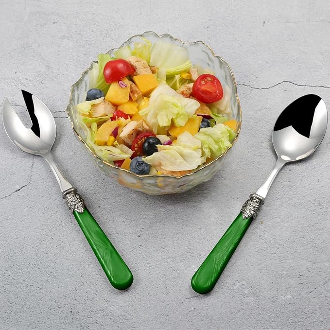 CATHYLIN 2-piece Salad Servers Stainless Steel Salad Serving Set Salad Fork and Spoon (Deep Green)