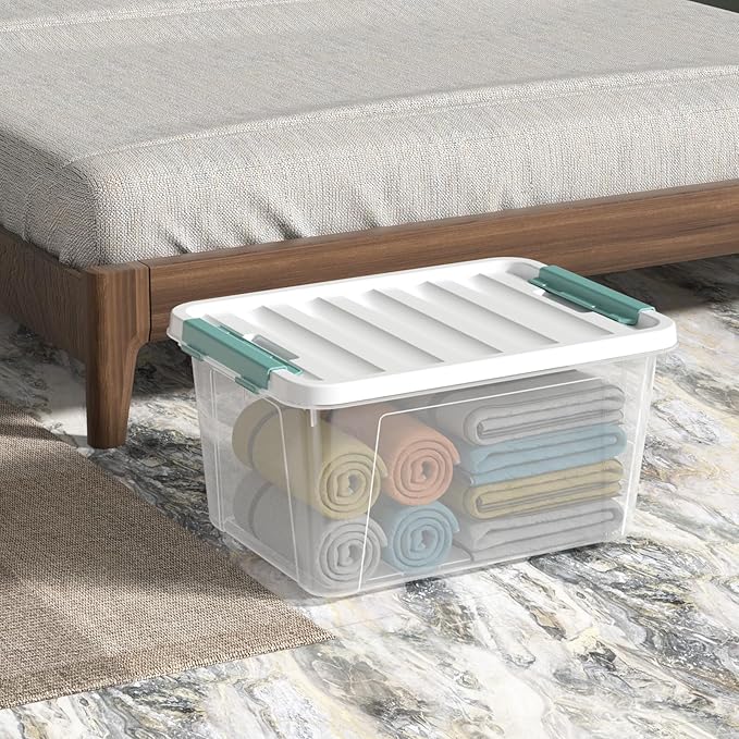 Begale 6-Pack 20 L Plastic Storage Bins with White Lids, Clear Storage Box with Handle