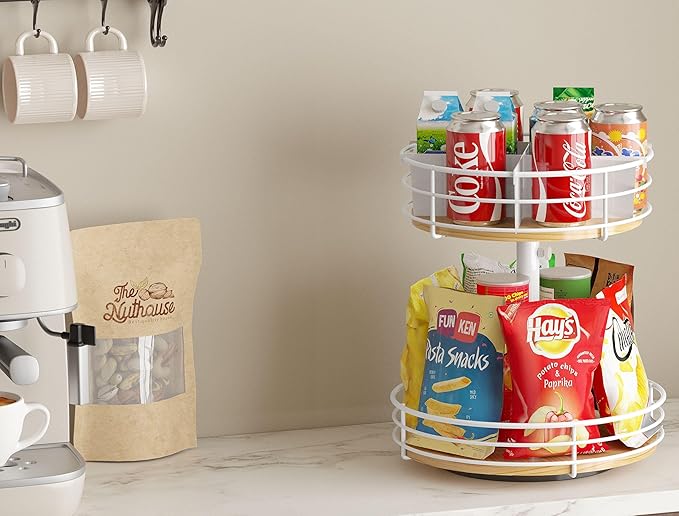 HISKIWUU Snack Organizer with Adjustable Height and 360°Rotation, 2 Tier Lazy Susan Snack Storage Holder for Countertop Office Home Breakroom, White