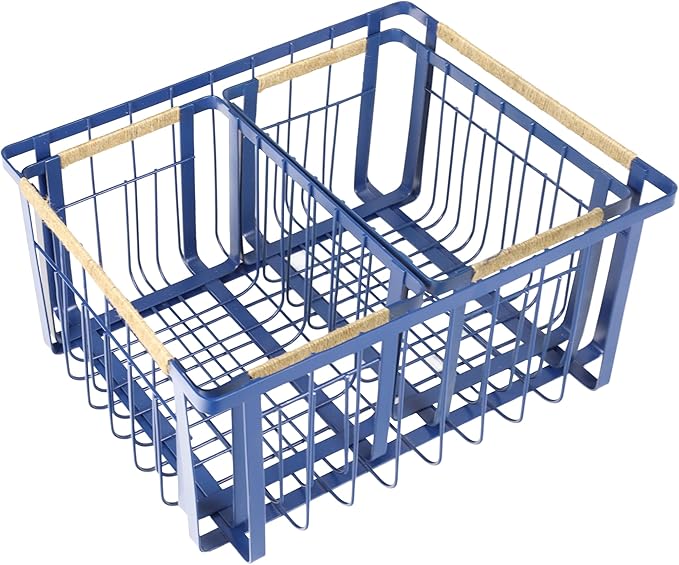 happimess BSK3003D-3SET Henley Vintage Farmhouse Wire Metal Nesting Storage Baskets with Jute Wrapped Handles for Shelves, Cabinets, Pantry, Countertop, Mesh Open Bin Basket, Navy (Set of 3)