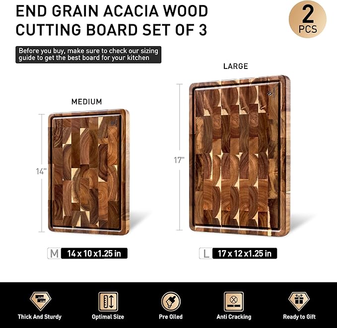 End Grain Cutting Board Set of 2 with Non-slip Feet, Reversible Acacia Wood Cutting Boards for Kitchen with Juice Grooves and Handles Non Toxic Chopping Board Butcher Block Serving Tray Kitchen Gift