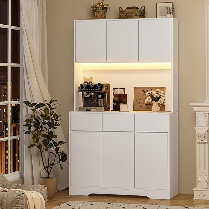 71" Pantry Cabinet with Charging Station and LED Lights, Tall Kitchen Pantry Storage Cabinet with Microwave Stand, Modern Hutch with Storage Drawers for Dining Room, Living Room, White