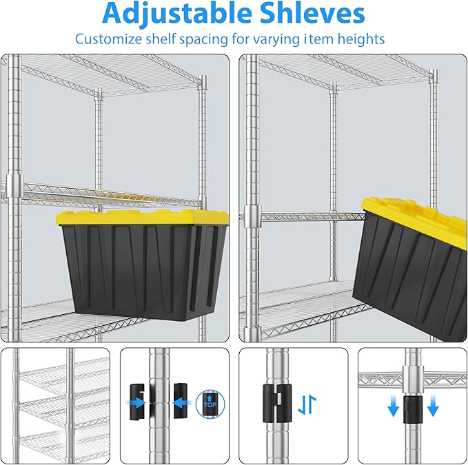Homdox 5 Tier Heavy Duty Metal Shelves, Storage Racks and Shelving with Wheels, Commercial Adjustable Wire Shelving Unit, Garage Rack Pantry Shelves Kitchen Shelving, Chrome