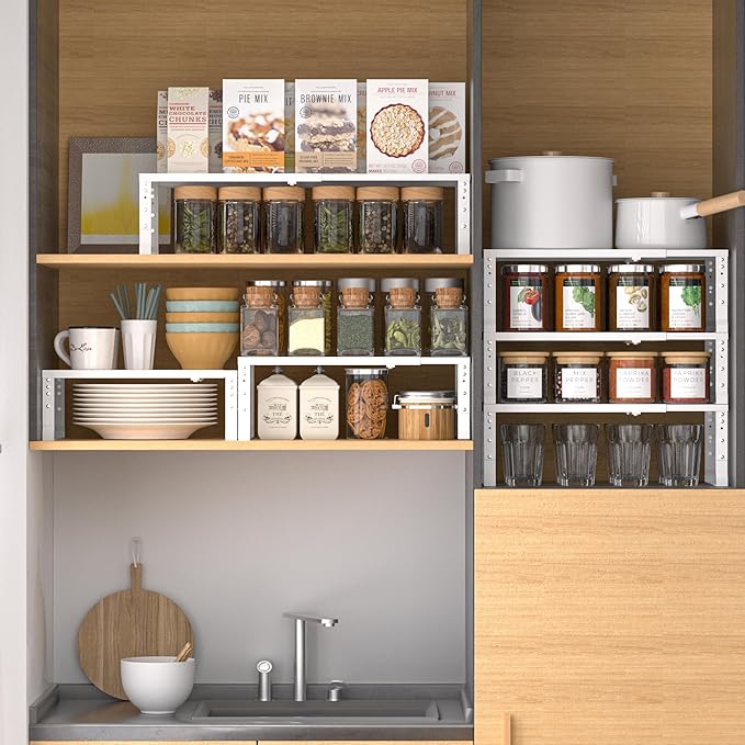Wobmmi Expandable,Adjustable & Stackable Spice Rack, Cabinet Kitchen Countertop Shelf Organizer,Metal Pantry Storage Shelves - Space-Saving Storage Solution(1Pack/White/Medium)