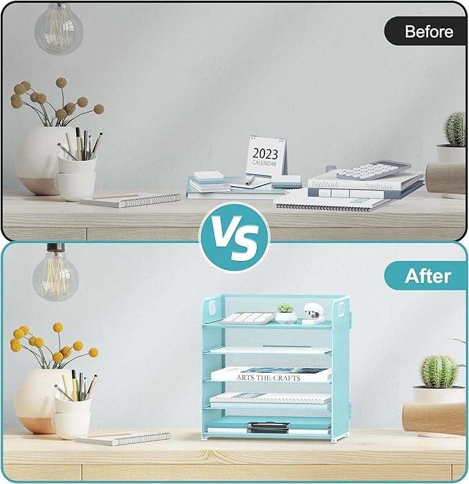 Supeasy 5 Trays Paper Organizer Letter Tray with Handle-Mesh Desk File Organizer, Paper Sorter Desk Organizer for Office, Home or School (Light Blue)