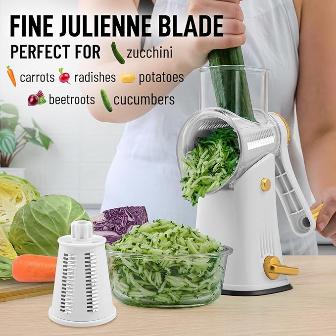 Zulay Kitchen Rotary Cheese Grater 5 Blade Cheese Shredder - Manual Hand Crank Cheese Grater With Reinforced Suction & 5 Interchangeable Drums - Easy to Use, Vegetable Chopper Round Mandoline Slicer