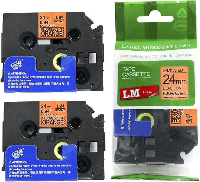 2/Pack LM Tapes - LMeB51 Premium 1" Black Print on Bright Orange Label Compatible with Brother TZe-B51 P-Touch and Includes Tape Color/Size Guide. Replaces TZeB51 24mm 0.94 Laminated