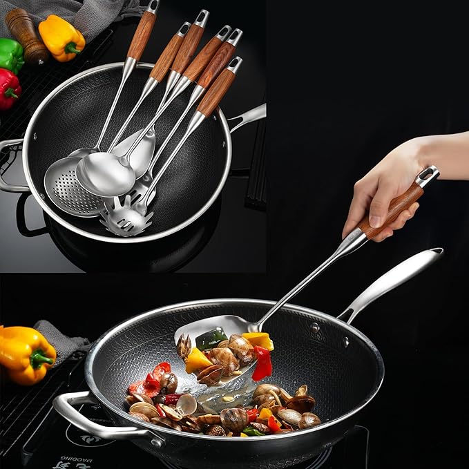 NIITAWH Stainless Steel Kitchen Utensils 12.5"-14" Wooden Handle Metal Cooking Utensils Set 9 PCS, Solid and Slotted Spoon, Fork, Spatula, Ladle, Skimmer, Slotted Tunner, Spaghetti Large Spoon