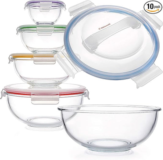 dokaworld Set of 5 Stackable Space-Saving Nesting Glass Bowls with BPA Free Lids for Foodprep, Storage, Baking, Mixing & Cooking, Microwave Safe - Durable Inert Borosilicate Glass