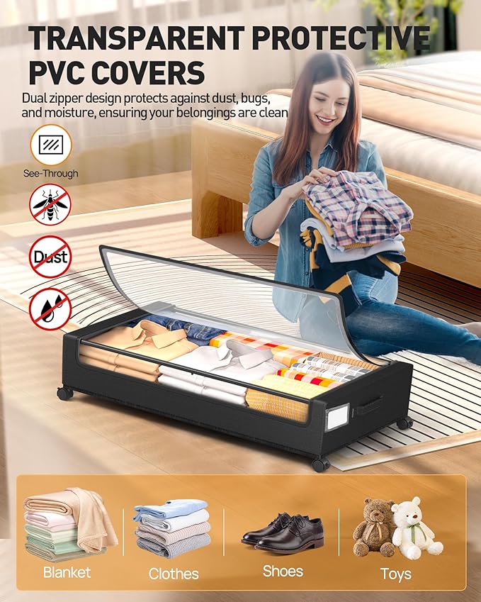 Underbed Storage with Wheels, Square Under Bed Storage Containers, 60L Under The Bed Storage, Rolling Under The Bed Storage Metal Drawer for Clothes, Blankets, Shoes...