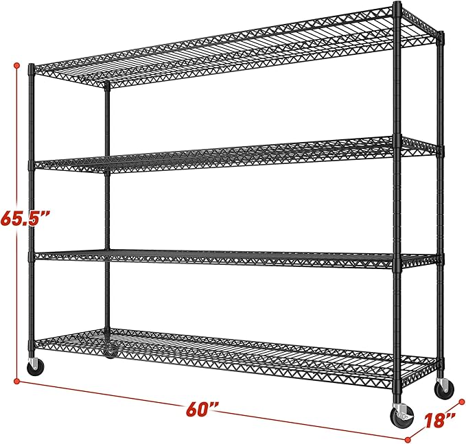 REIBII 60''W Storage Shelves 2399LBS Wire Shelving with Wheels Garage Shelving Heavy Duty Metal Shelves for Storage Rack Adjustable Shelf for Commercial Garage Kitchen, 60" W x 18" D x 65.5" H