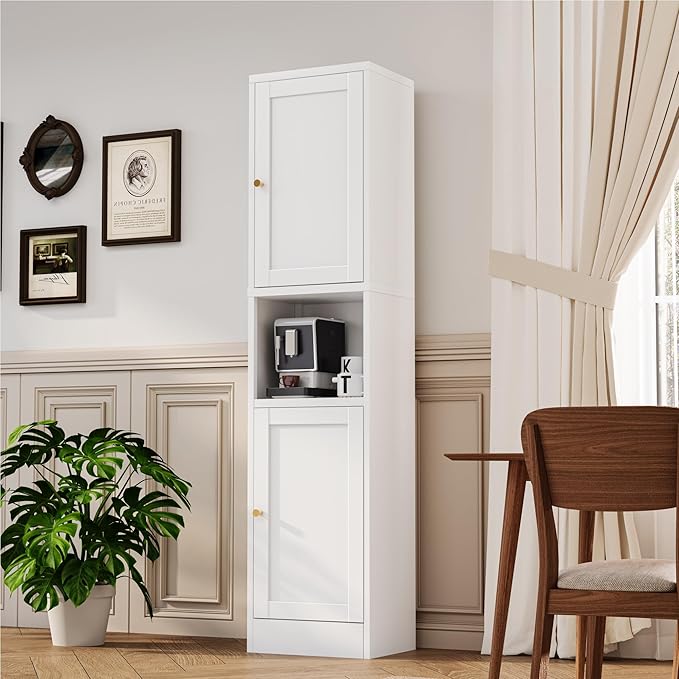 YAUWOH 2-Door Metal Storage Cabinet, Tall Slim Pantry Organizer with 3 Adjustable Shelves (120LBS/Shelf), Anti-Tipping Waterproof Cabinet for Bathroom/Kitchen/Home Office/Small Spaces, (1PC,White)