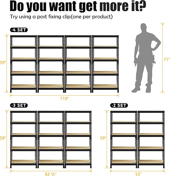 PrimeZone Storage Shelves 4 Pack 5 Tier Adjustable Garage Storage Shelving, Heavy Duty Metal Storage Utility Rack Organizer Shelf Unit for Warehouse Pantry Closet Kitchen Basement, Black