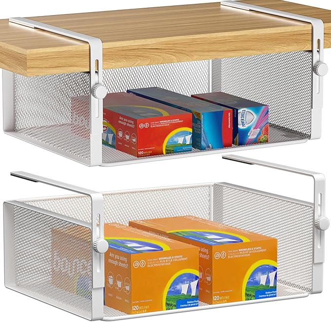2Pack Under Shelf Basket Organizer,Adjustable Hanging Holder for Cabinet Pantry Kitchen Cupboard Desk Counter Bookshelf Organization Add-on Space Saver Heavy Duty Slide-in (White, Large)