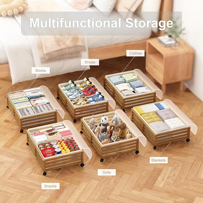 Under Bed Storage Containers With Wheels - 2 Pcs Bamboo Wood Rolling Underbed Shoe Storage Bins With Dust Bags for Clothes Blankets, Duvet Covers Snacks Toys (Walnut)