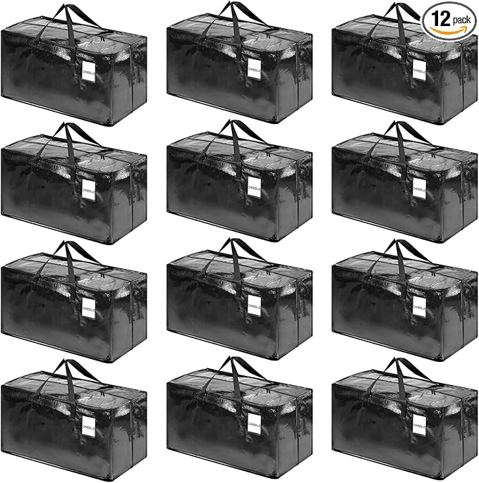 CHVEGLUZ 12 Packs Moving Bags Heavy Duty Extra Large,Storage Bags with Zipper&Handles, Sturdy&Durable Clothes Storage Bags Totes for College Dorm Essentials, Moving Boxes for College Supplies, Black