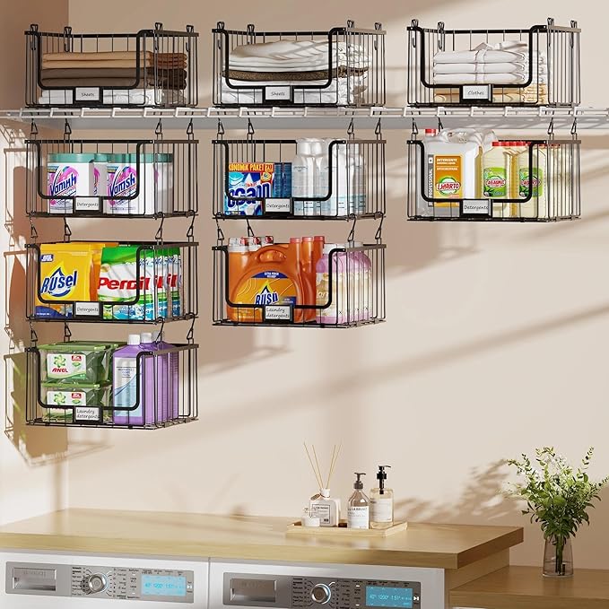 3-Pack Hanging Laundry Organizer, Stackable Wire Shelf Storage with Label Cards, Foldable Metal Baskets with 360°Rotating Hooks,Space-Saving for Laundry Room, Closet & Pantry, 11"×15" Large,Black