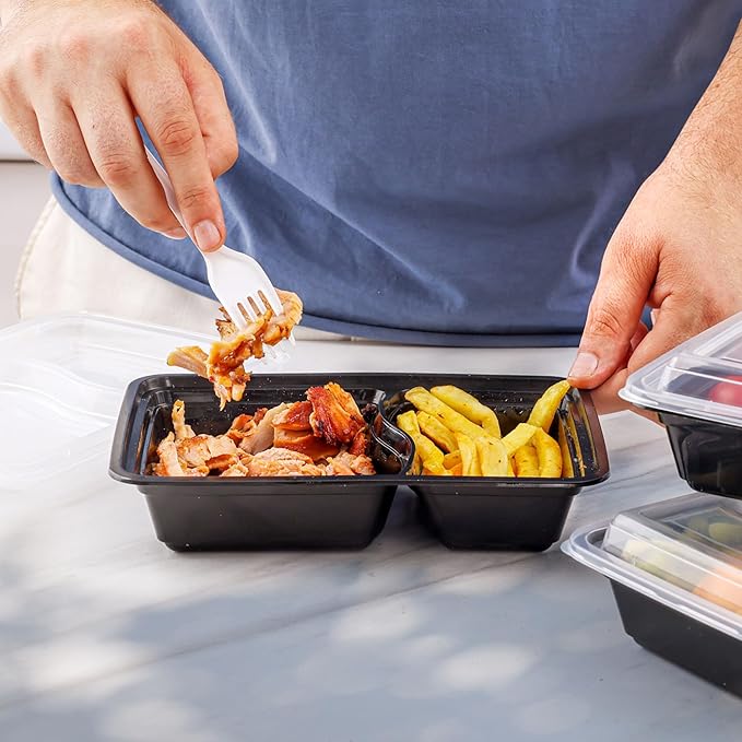 GUSTO [28 oz - Case of 150 2-Compartment Meal Prep Containers with Lids – Reusable, Microwaveable, Dishwasher & Freezer Safe, BPA-Free Food Storage Boxes for Portion Control (Formerly Comfy Package)