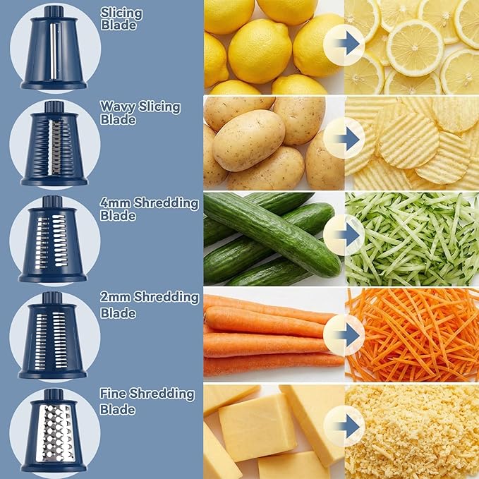 ChinKc Upgrade Rotary Cheese Grater Shredder with Handle, Strong Suction Base, Multi-purpose Rotary Grater Slicer with 5 Interchangeable Blades for Ice, Vegetables, Fruit, Nuts with Blade Storage Box