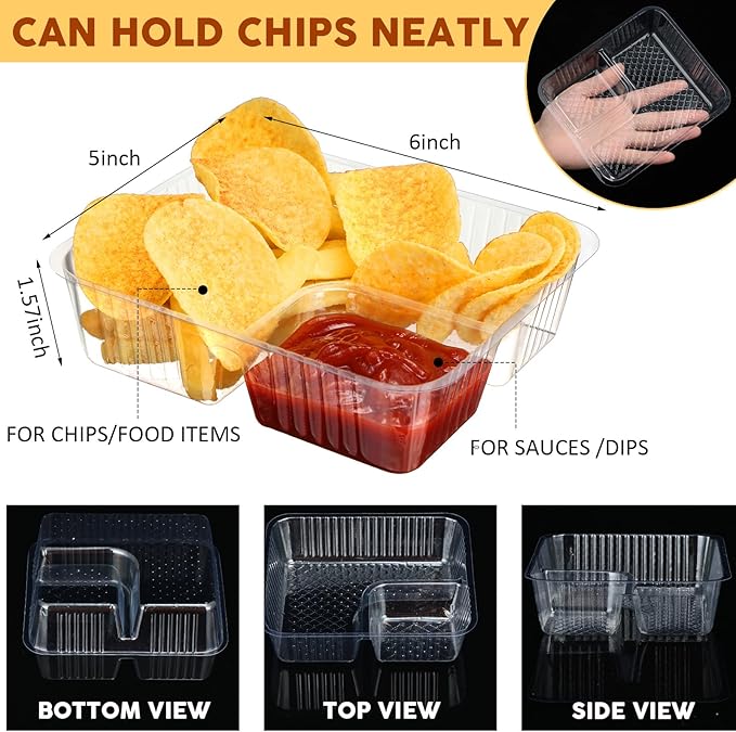 Vesici 300 Pcs 12oz Nacho Trays Disposable 2 Compartment Food Snack Tray Concession Stand Supplies Movie Night Clear Plastic Cheese Dip and Chip Holder for Candy School