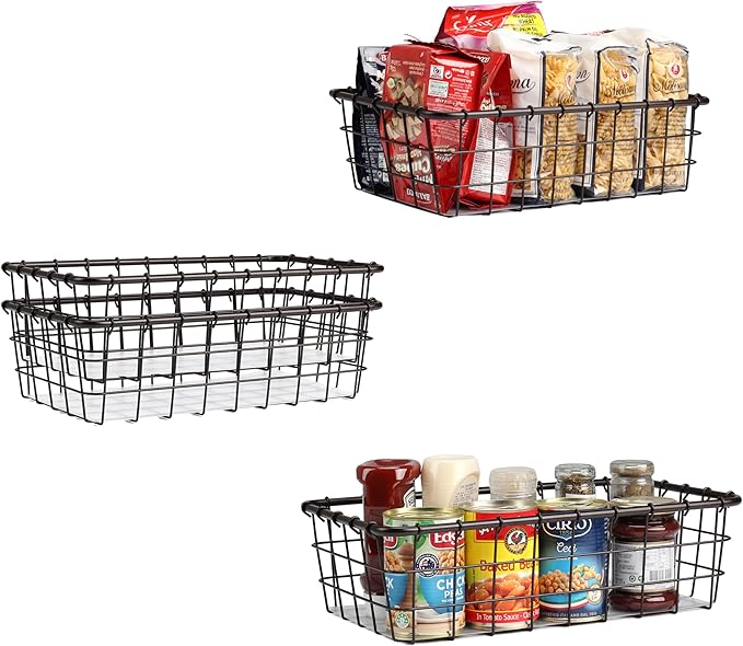 TimberAura 4 Pack Large Wire Baskets, 15" x 9" Metal Wire Basket for Pantry Organizers, Kitchen, Bathroom, Office, Stackable Storage Baskets, Bronze