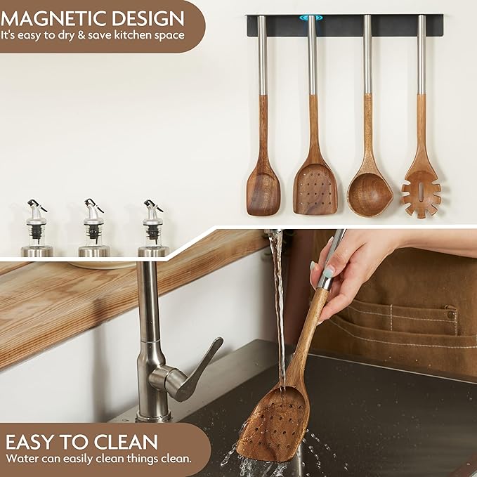 Edergoo 4 PCS Acacia Wood Cooking Utensils Set with Magnetic Hanging Handles Stainless Steel, Heat-Resistant Multi Function Cooking Tools
