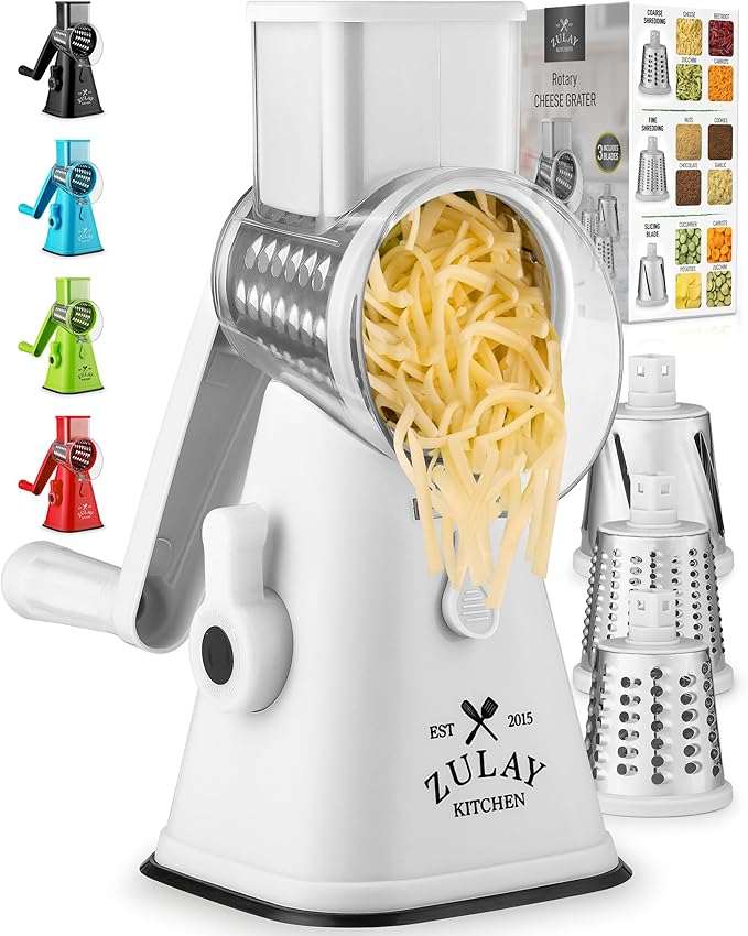 Zulay Kitchen Cheese Grater Hand Crank, Grater For Kitchen With Reinforced Suction - Rotary Cheese Grater With 3 Replaceable Stainless Steel Blades - Easy to Use & Clean - Vegetable Cutter - White
