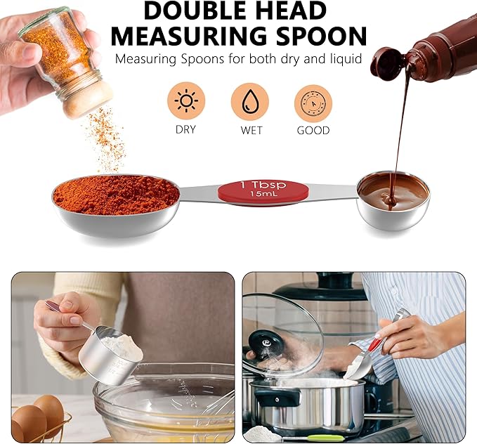 Minteem Measuring Cups and Magnetic Measuring Spoons Set, 8 Stainless Steel Measuring Cups with Easy to Read Markings, 7 Double Sided Stackable Measuring Spoons & 1 Leveler, 5 Mini Spoons, Multicolor