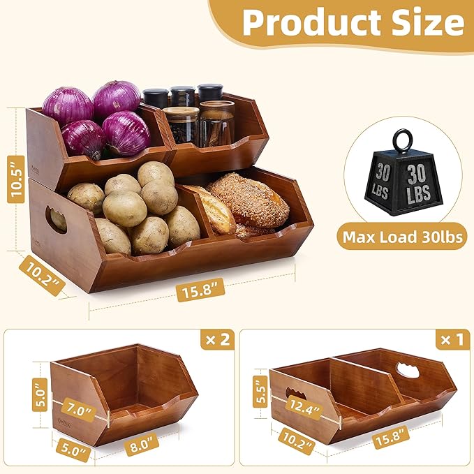 Wood Pantry Storage Bins, Stackable Large Capacity Potato and Onion Storage Baskets, Kitchen Pantry Organizers for Vegetables, Bread, Spices (Set of 3)