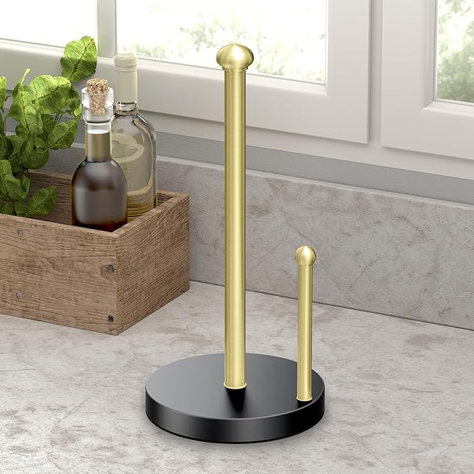 Gatco 1447MXB Kitchen Paper Towel Stand, Matte Black Brushed Brass | Countertop Solid Brass Weighted Base Paper Towel Holder Stand