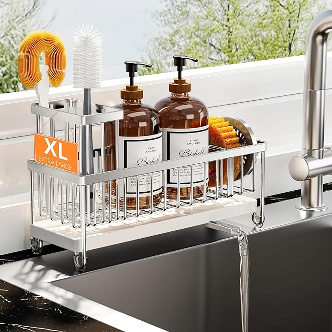 Cisily Extra Large Silver Sponge Holder for Kitchen Sink, Sink Caddy Organizer with High Brush Holder, Kitchen Countertop Organizers and Storage Essentials, Rustproof 304 Stainless Steel