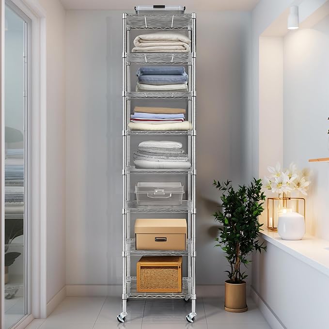 Finnhomy Heavy Duty 8 Tier Wire Shelving with Wheels 18x18x78.7-inches 8 Shelves Metal Storage Rack Thicken Steel Tube, Pantry Shelves for Storage, Adjustable Shelving Unit, NSF Certified, Chrome